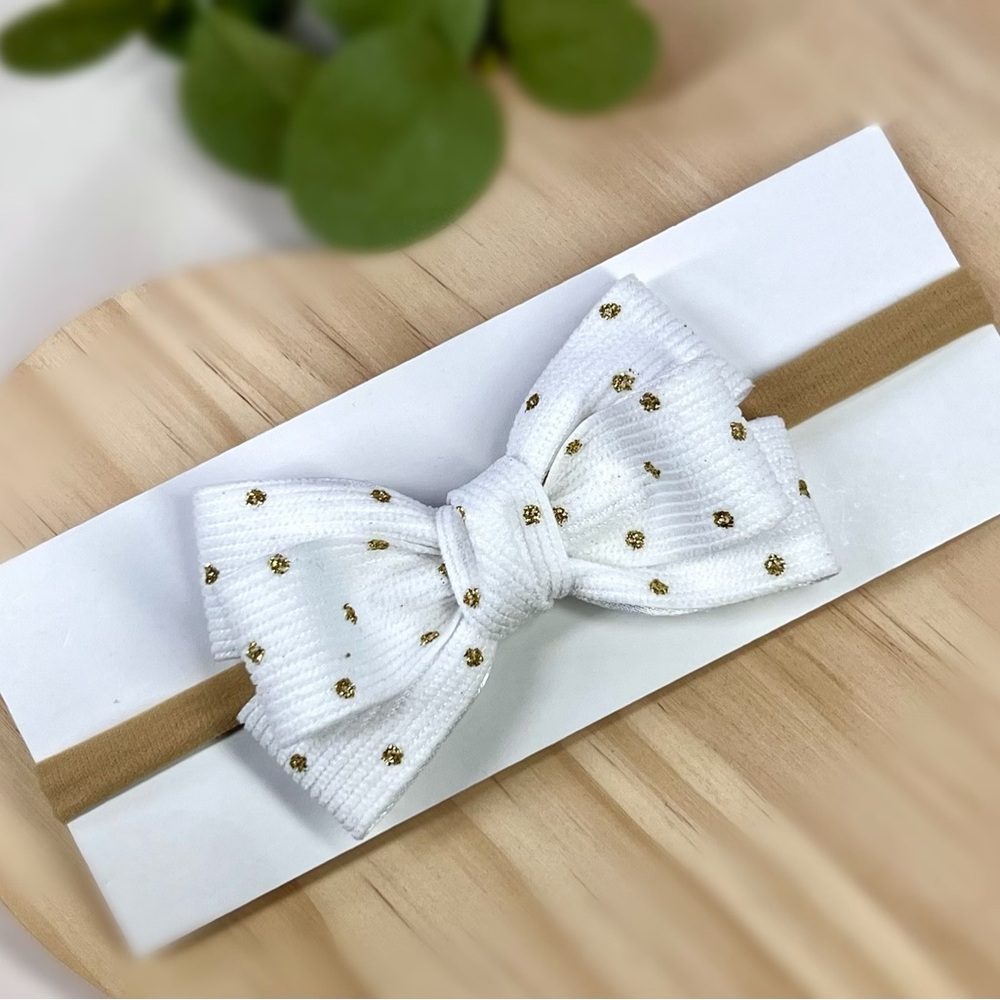 Charming White and Gold Polka Dot Bow Headband